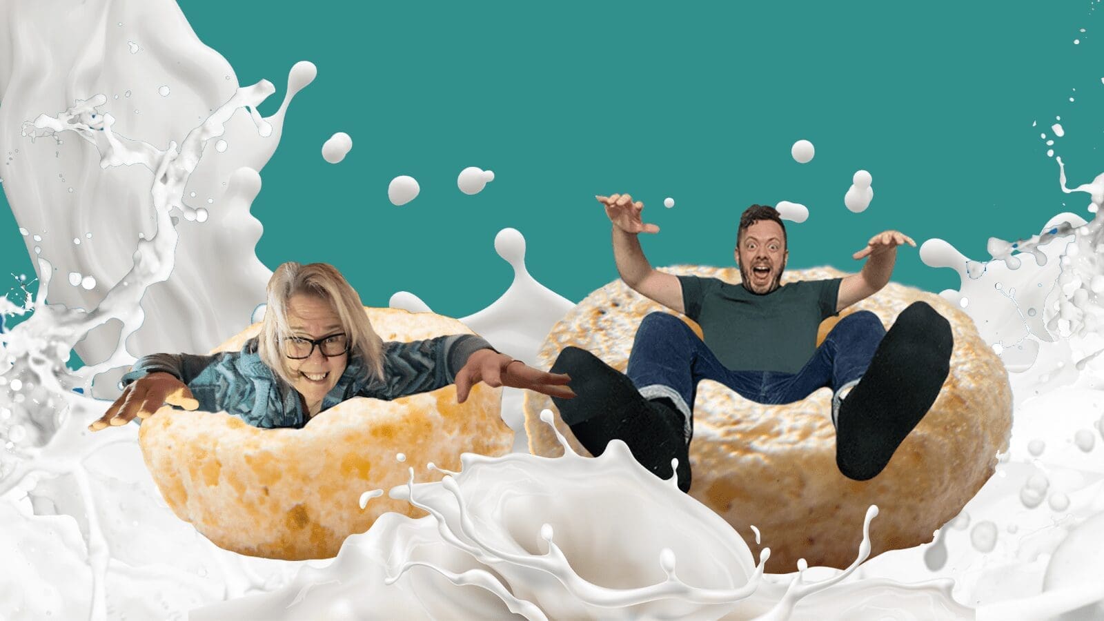 Tuula (left) and Andy (right) riding their respective cheerios after a Haven Phrase Maze, exploring the prompt, "I'm in a hole, I'm not alone"